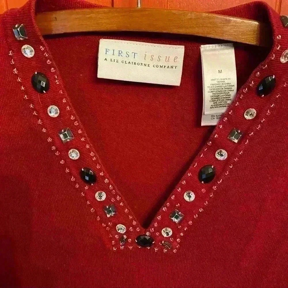 First Issue by Liz Claiborne v-neck beaded sweater women M red - Picture 5 of 7